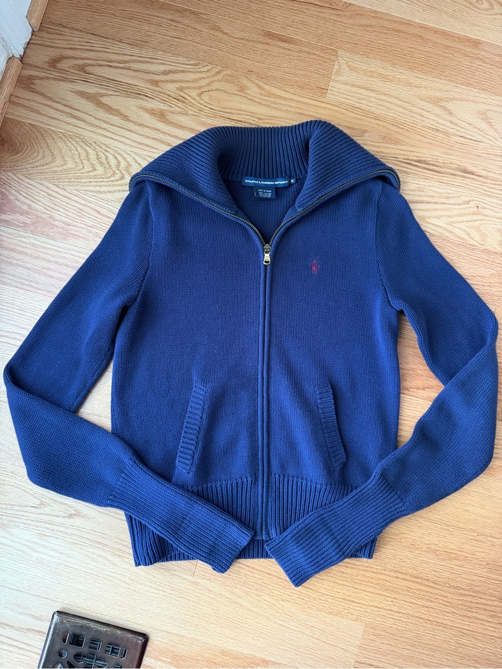 Ralph Lauren Sport Navy Blue Full Zip Shawl Collar Sweater Size Medium